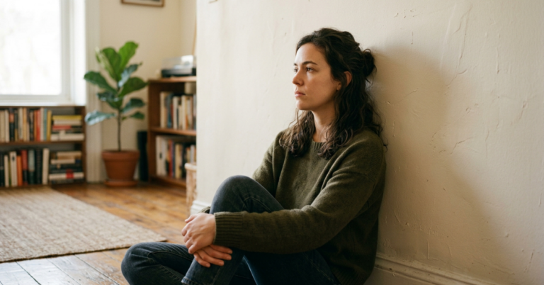 woman sitting on the floor thinking about the signs of heroin addiction