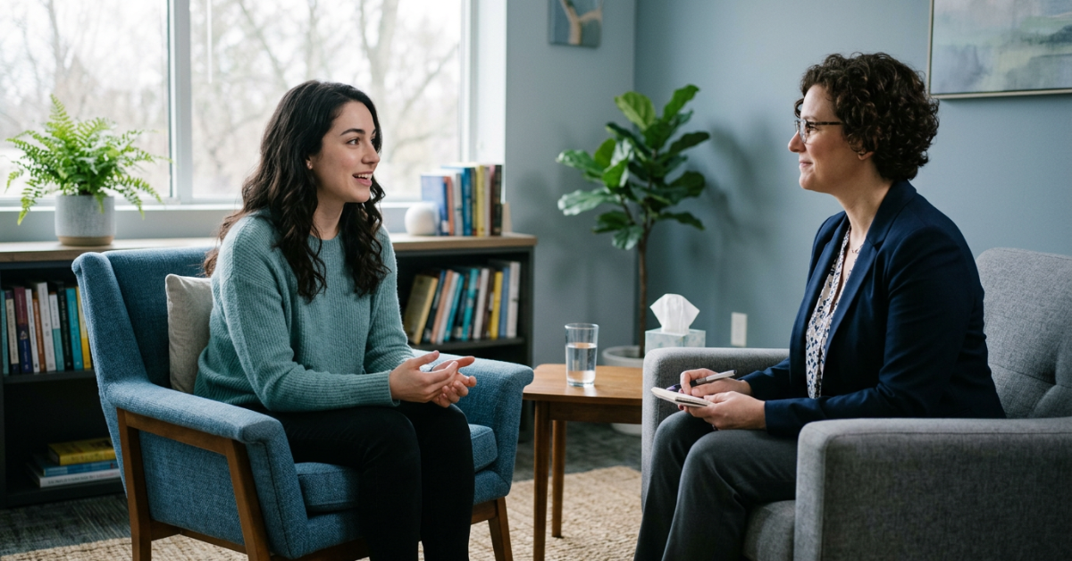 woman speaking with her female therapist about dual diagnosis treatment at Milton Recovery