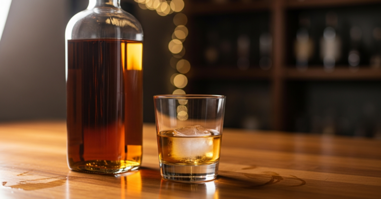 Image illustrating the effects of alcohol, with alcoholic drinks arranged on a table