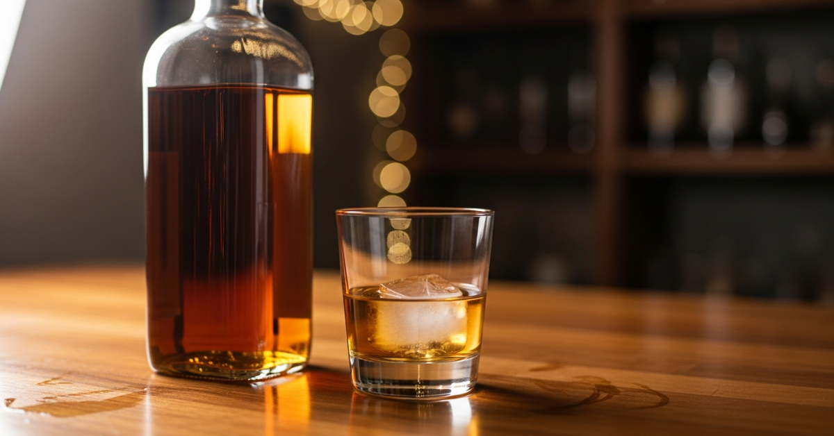 Image illustrating the effects of alcohol, with alcoholic drinks arranged on a table