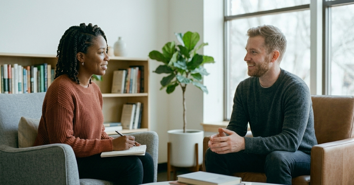 Woman in a rust sweater takes notes while a man in a dark sweater sits and talks in a cozy office setting with a bookshelf and plant behind them.