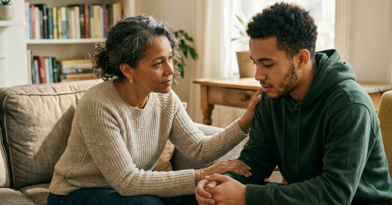 middle aged woman convincing younger man to go to rehab