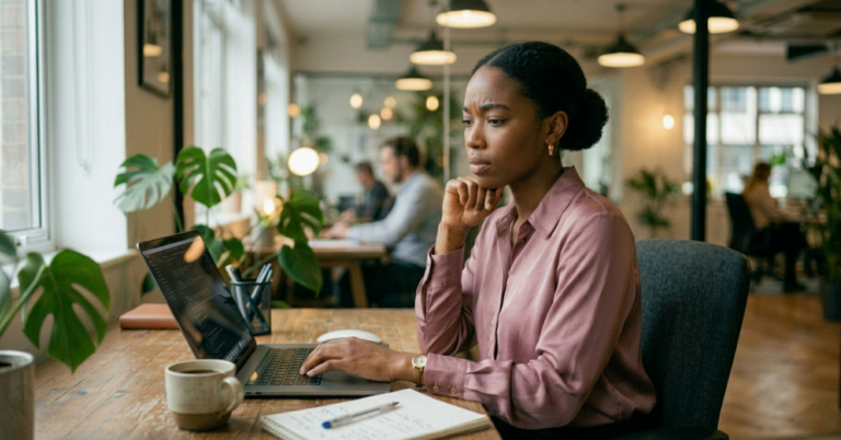 young woman considering outpatient rehab while at work