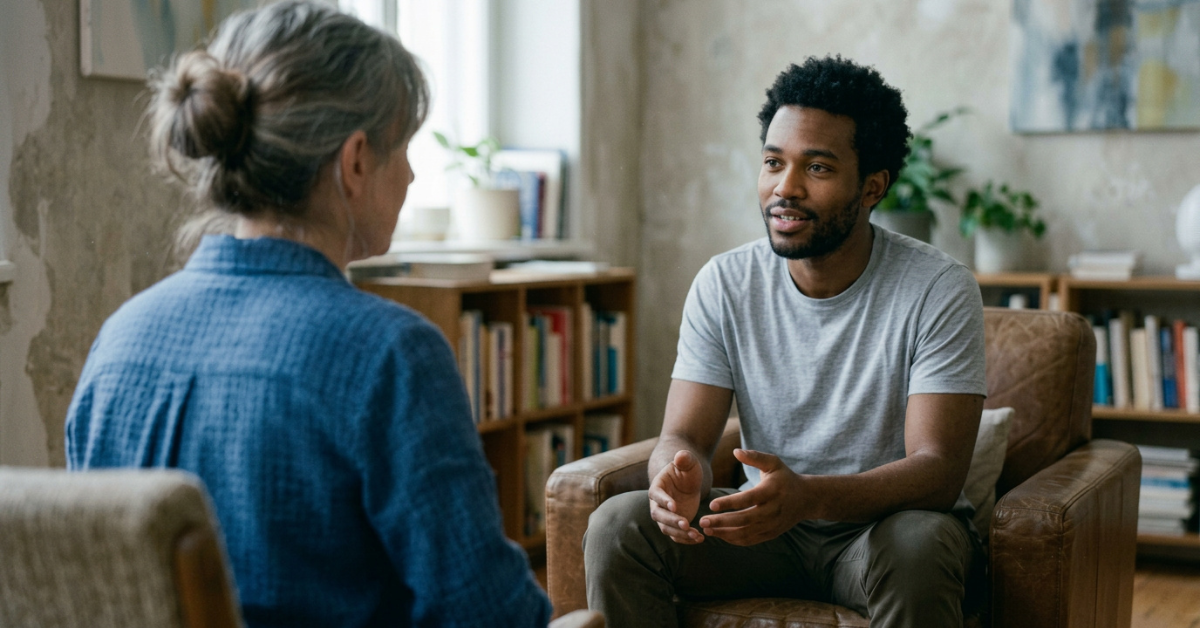 young man in therapy for depression treatment