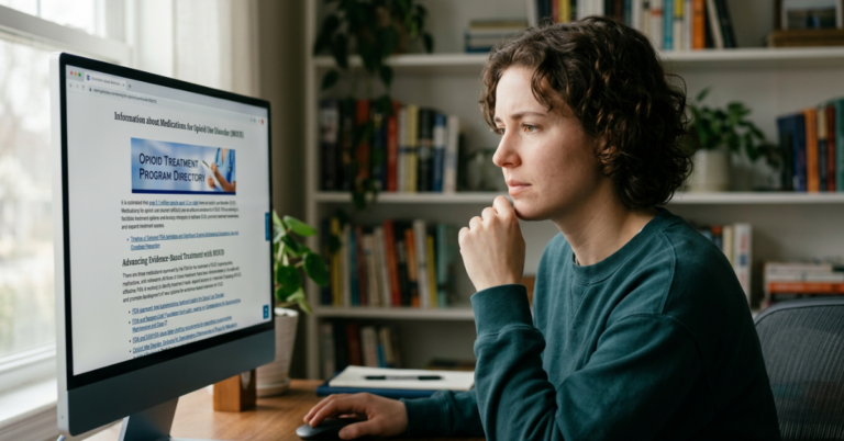What Medications Are FDA-Approved for Opioid Addiction Treatment | Milton Recovery | Milton Recovery Woman looking up FDA approved medications of Opioid Use Disorder OUD