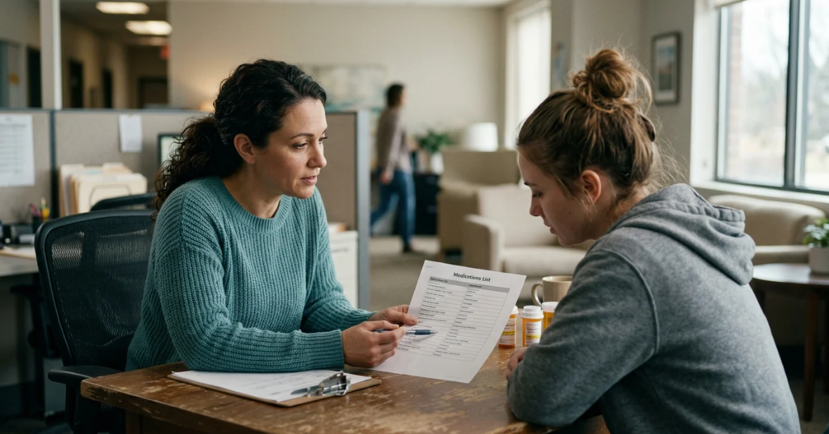 Why Is Prescription Medication Review Part of the Addiction Treatment Admissions Process | Milton Recovery Admissions coordinator reviewing Prescription Medication Review Part of the Addiction Treatment Admissions Process with patient