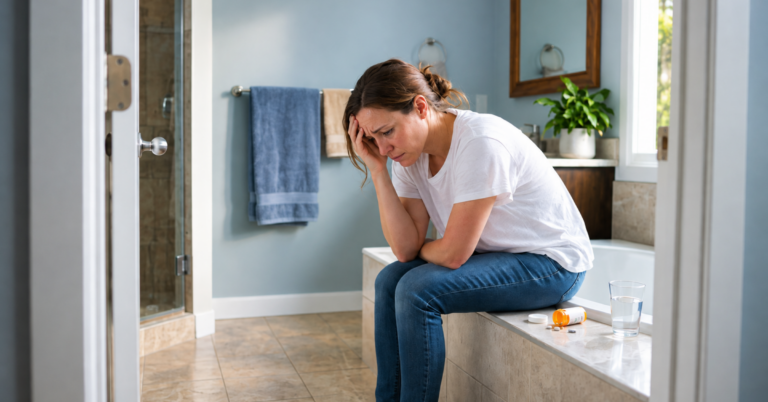 Woman looking distressed, needing help, spilled pill bottle next to her, 30 Day vs 60 Day vs 90 Day Rehab